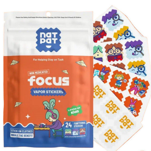 NATPAT FocusPatch focus-enhancing stickers in transparent gel sheets with colorful symbols, designed for kids' concentration