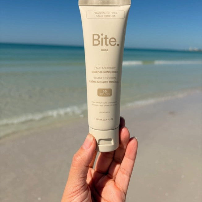 Bite Base Mineral Sunscreen SPF 30 at beach natural mineral sunscreen Canada