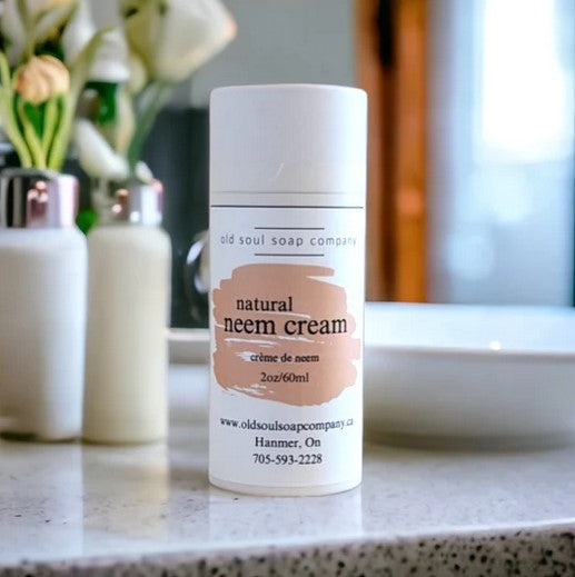 Old Soul Soap Company's eczema cream with soothing neem, lightweight texture, natural scent, and 2 oz volume for skin relief