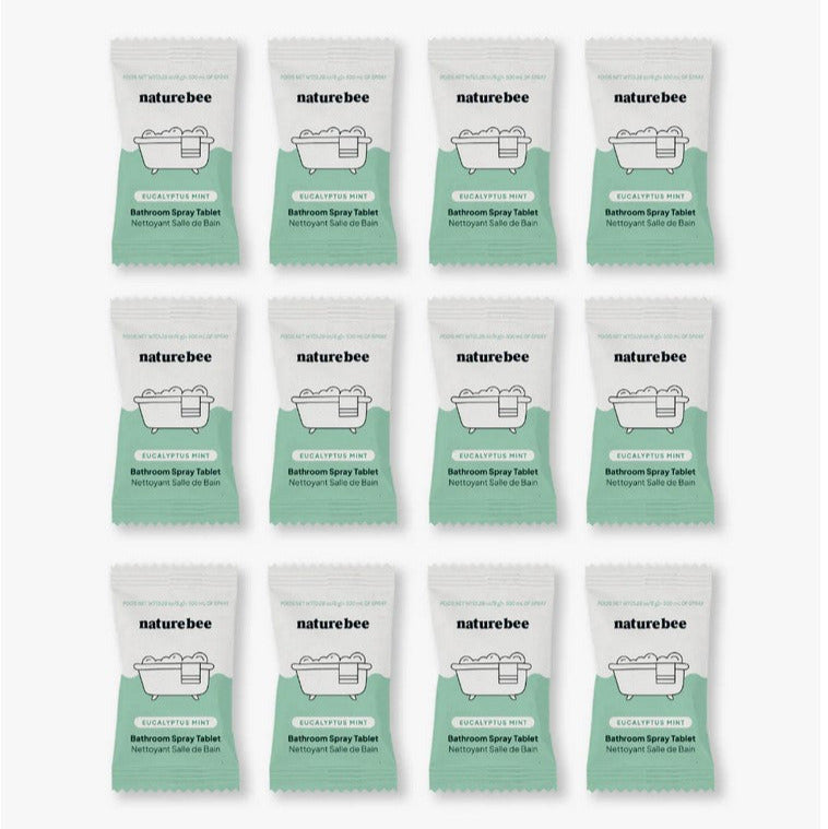 Close-up of Nature Bee Bathroom Spray Cleaning Tablets packaging showing detailed label and eco-friendly branding on