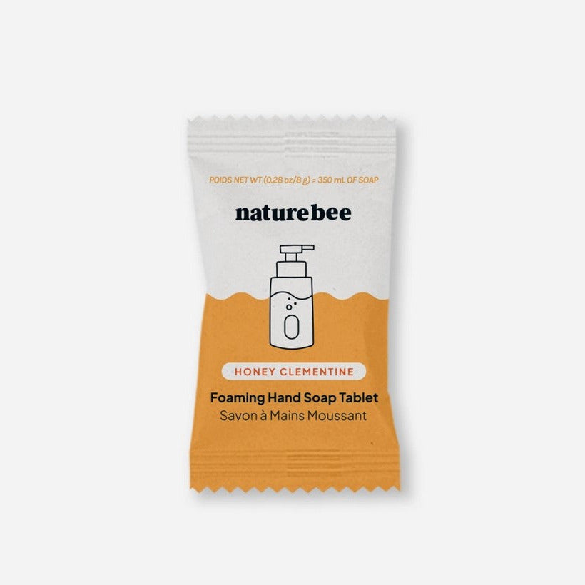 Nature Bee Clean Clementine foaming hand soap tablets in clear plastic container with white lid, eco-friendly zero waste