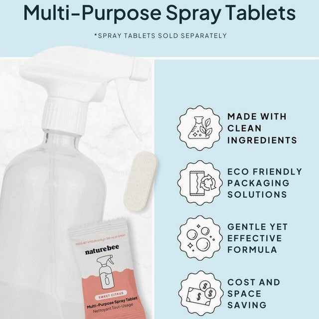 Simply Natural Canada – Nature Bee Multi-Purpose Spray Tablets with Refillable Glass Spray Bottle – Eco-Friendly Cleaning System