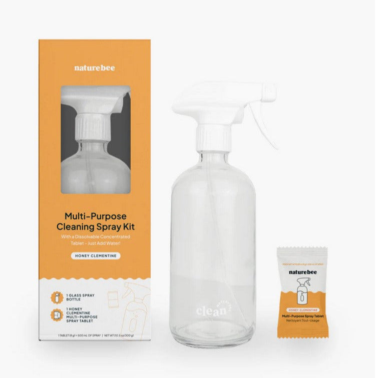 Nature Bee Honey Clementine multi-purpose spray kit with three 16 oz clear plastic bottles and spray tablets, green labels