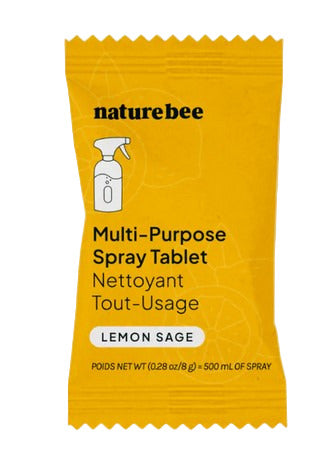 Nature Bee Lemon Sage multi-purpose cleaning tablets in transparent plastic container for kitchen and bathroom cleaning