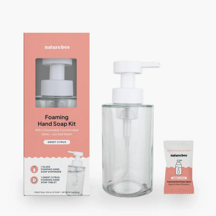 Nature Bee Sweet Citrus foaming hand soap kit with four 8 oz biodegradable bottles, orange and yellow labels, textured foam