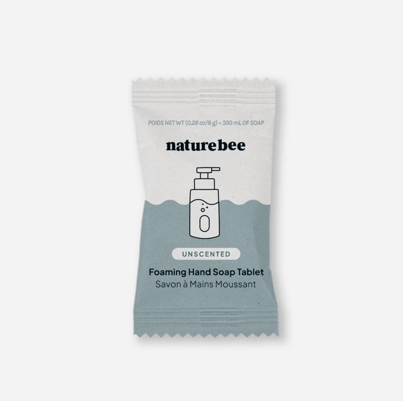 Nature Bee Unscented foaming hand soap tablet in biodegradable packaging, compact size for kitchen and bathroom use