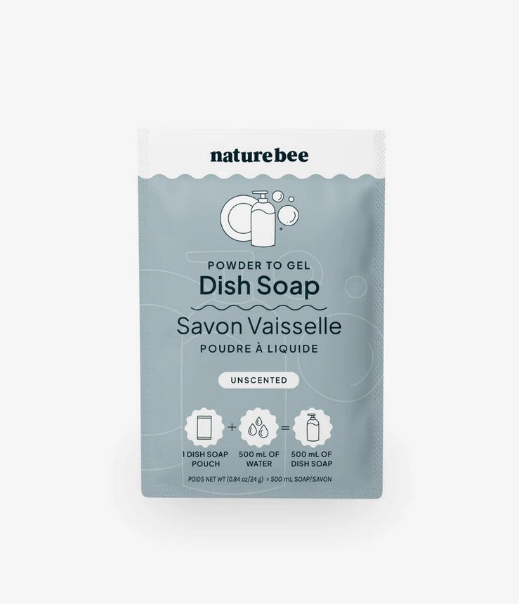 Nature Bee Clean unscented powder to gel dish soap in clear plastic container with white powder and gel texture