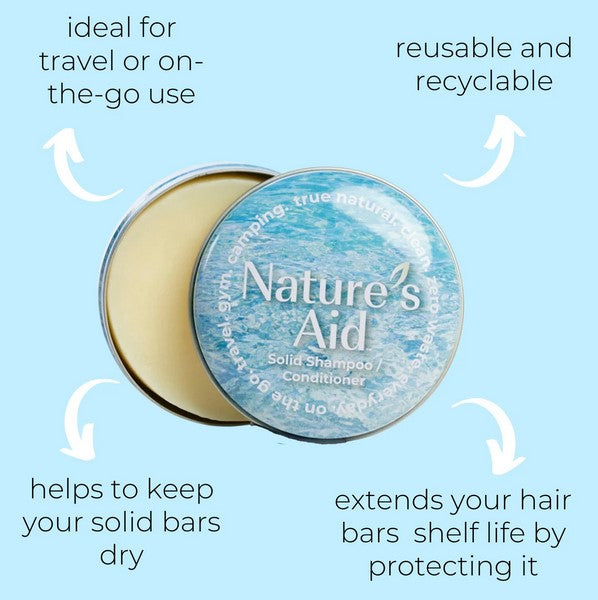 Close-up of the matte black travel tin with clear "Nature’s Aid" label and textured surface highlighting compact size and