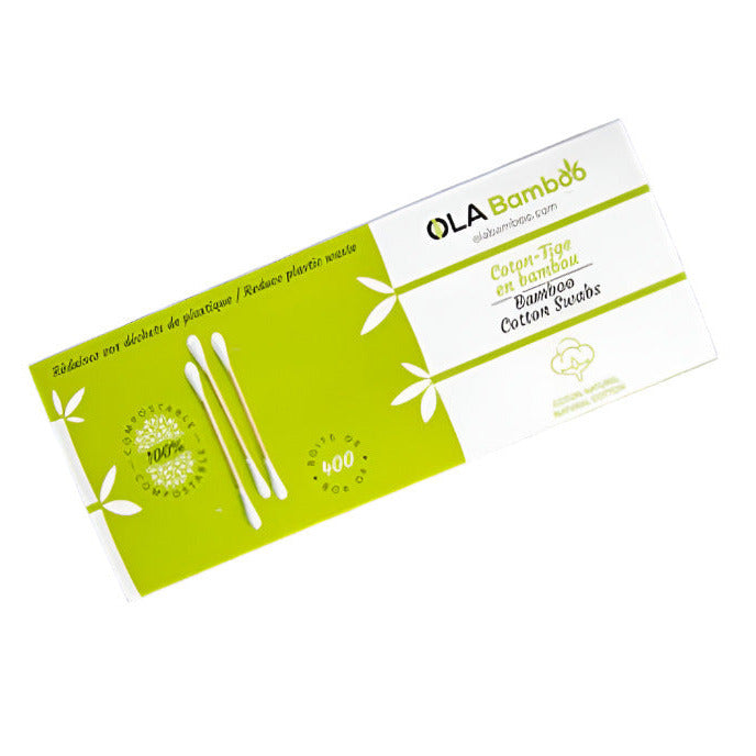 Close-up of the natural bamboo wood handle and white cotton tip of Ola Bamboo Cotton Swabs, highlighting the textured bamboo