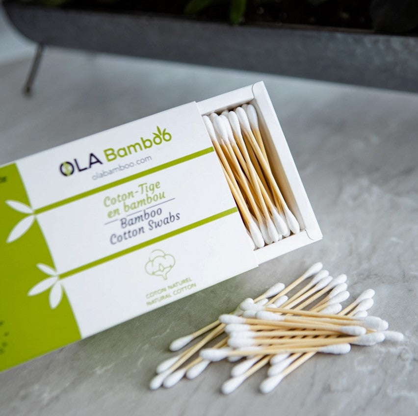 Close-up of one bamboo cotton swab tip highlighting soft, natural fibers and smooth texture for gentle cleansing.