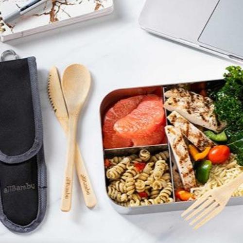 allBambu bamboo travel cutlery set with fork, knife, spoon, chopsticks, and smoothie straw in natural finish, lightweight
