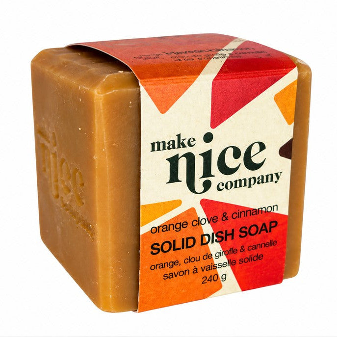 Make Nice Company Orange Clove Cinnamon Solid Dish Soap, Canadian-made 240g plastic-free dishwashing cube with biodegradable paper label.