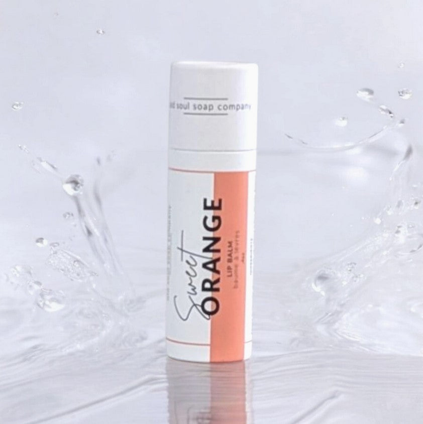 Sweet orange lip balm in compostable tube from Old Soul Soap Company, natural, flavoured, made in Canada
