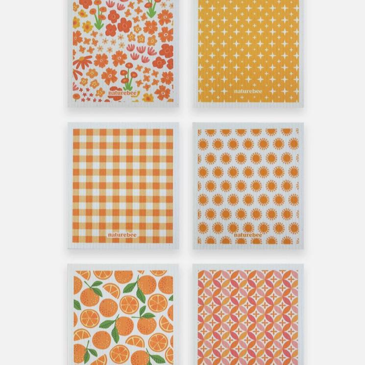 Colorful orange Nature Bee sponge cloth set with Swedish dishcloth texture, eco-friendly design, and vibrant spring-inspired