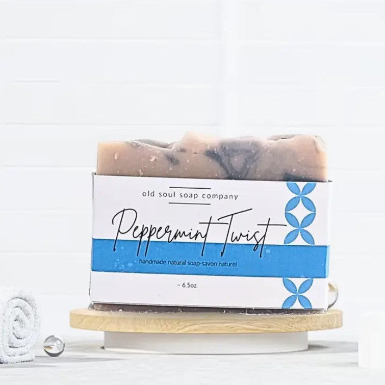 Peppermint Twist artisan soap bar by Old Soul Soap Company, vegan, Canadian-made, textured peppermint swirls, 3x2 inches
