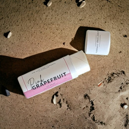 Old Soul Soap Company pink grapefruit lip balm in biodegradable compostable tube, naturally flavoured, made in Canada