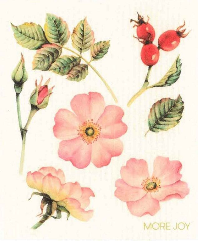 Pink Rose-themed Swedish dishcloth by MORE JOY, biodegradable cellulose and cotton, bright pink with floral print, 6x8