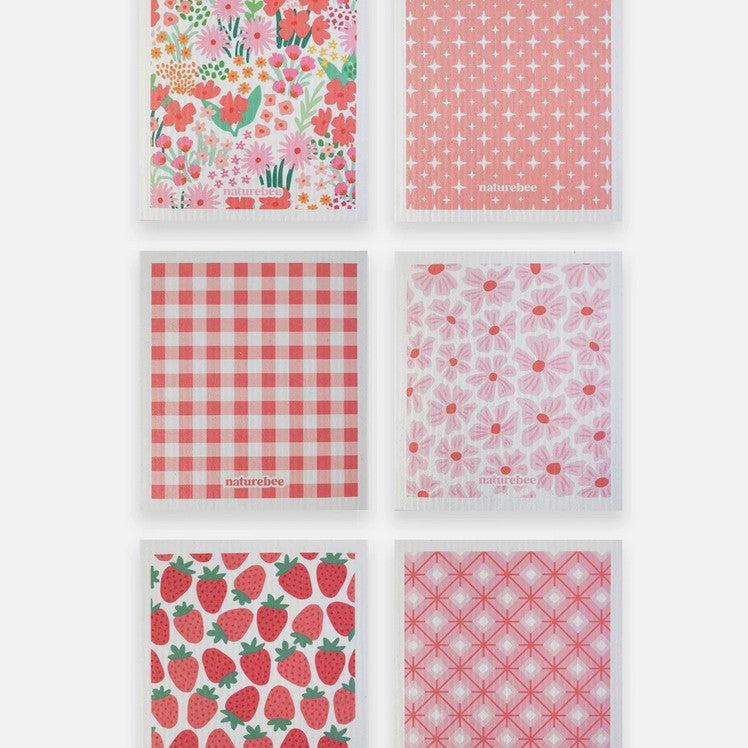 Pink Nature Bee sponge cloth set with colorful Swedish dishcloths featuring nature bee designs in 6-piece eco-friendly pack