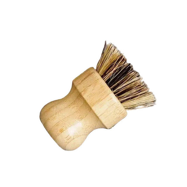 Wooden dish brush with plant-based bristles for cast iron, stainless steel and heavy-duty eco cleaning, shown on a white background