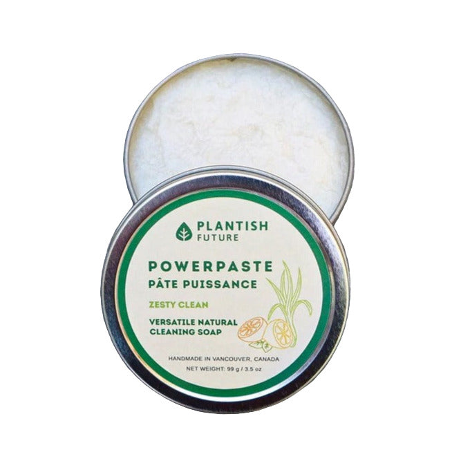Plantish Powerpaste Cleaning Soap in compact white plastic container with screw-on lid, textured surface, and green logo