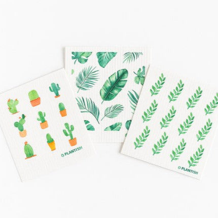 Plantish Potting Around Swedish sponge cloth set with four colorful, textured dishcloths featuring plant illustrations and