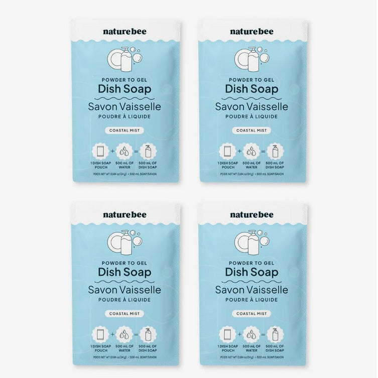 Close-up of transparent gel transitioning to powder with coastal blue and white swirls on the label, showcasing texture and