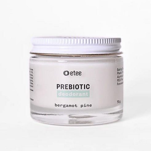 Etee Prebiotic Deodorant Paste in 2 oz clear jar with white screw-on lid, textured bergamot pine citrus scent, vegan