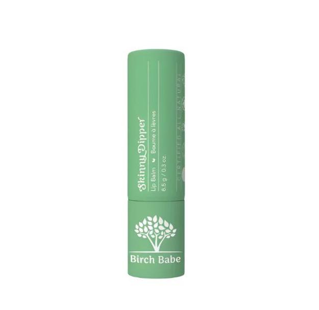 Birch Babe Skinny Dipper Lip and Cheek Balm in eco-friendly cardboard tube, hydrating, nutrient-rich formula with natural
