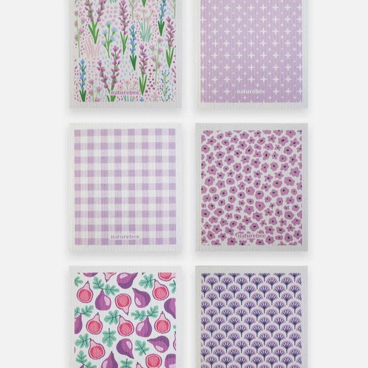 Colorful purple sponge cloth set featuring nature bee design, eco-friendly Swedish dishcloths, pack of six for kitchen