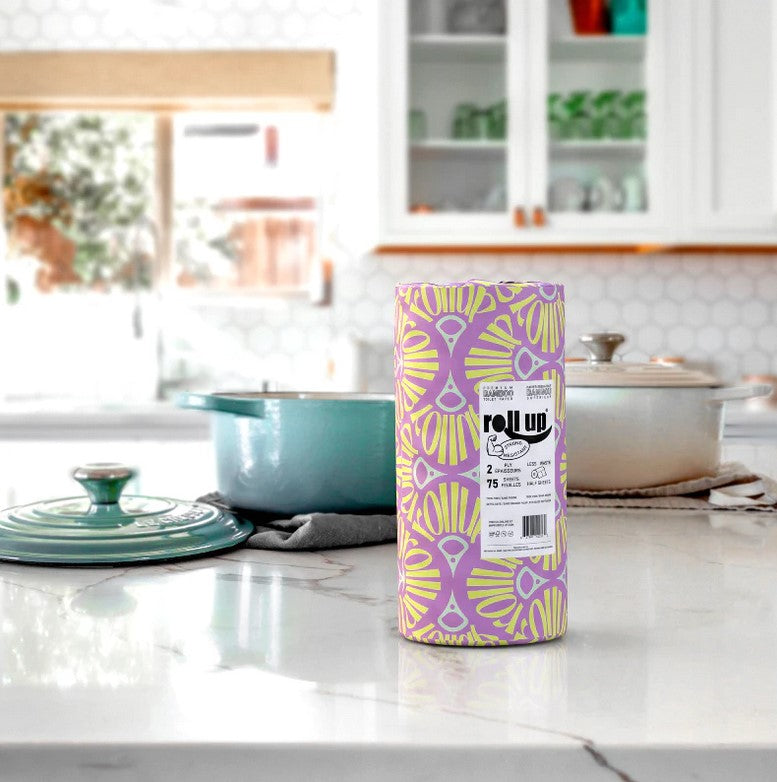 Close-up of the rolled bamboo paper towel’s textured surface and natural beige color, showcasing its soft, fibrous material