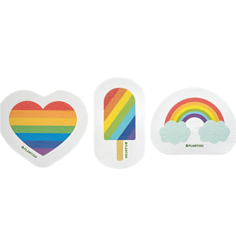 Plantish LGBTQ+ rainbow pop-up sponge with rainbow cloud, heart, and popsicle designs in vibrant silicone, perfect for kids'