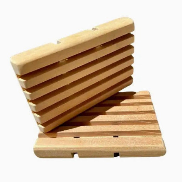 Reclaimed wood soap dish with slotted surface, 4x3 inches, weathered natural finish, branded by The Eco Alchemist, zero