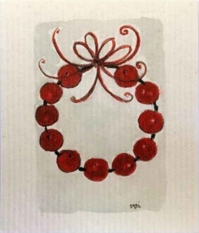 Red berry-themed Swedish dishcloth with "More Joy" logo, biodegradable cellulose and cotton, Christmas design, 8x8 inches