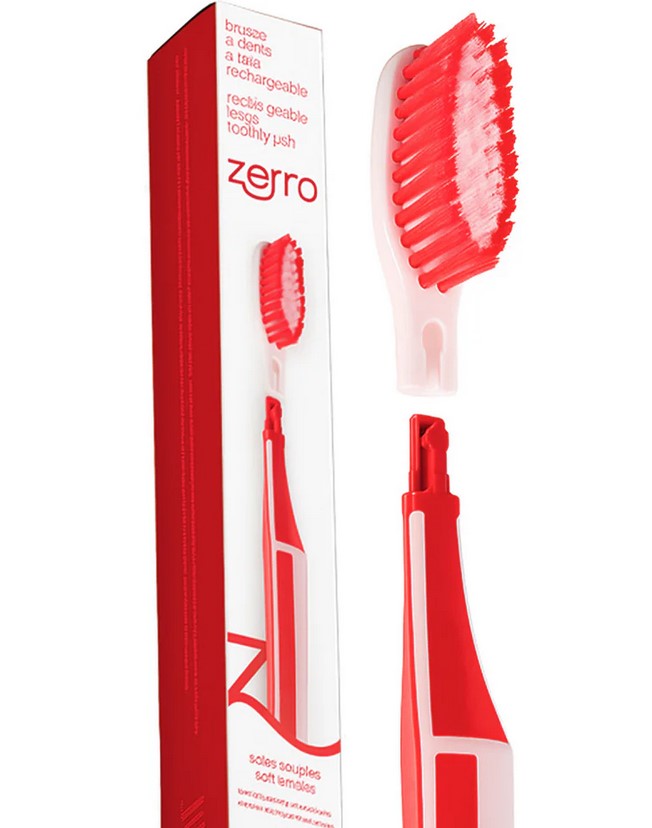 Zerro Replaceable Head Toothbrush in vibrant red with textured grip handle and replaceable toothbrush head, made of durable