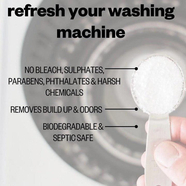 Natural washing machine cleaner removing buildup and odors, biodegradable low-tox formula with no bleach or harsh chemicals