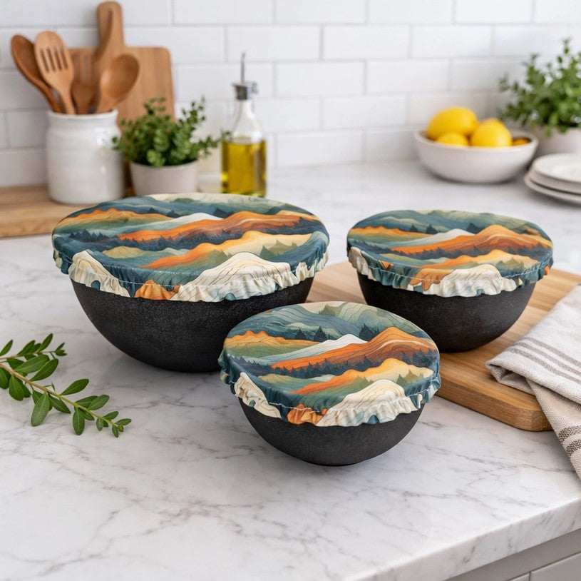 Reusable fabric bowl cover set in Mountains pattern on kitchen bowls