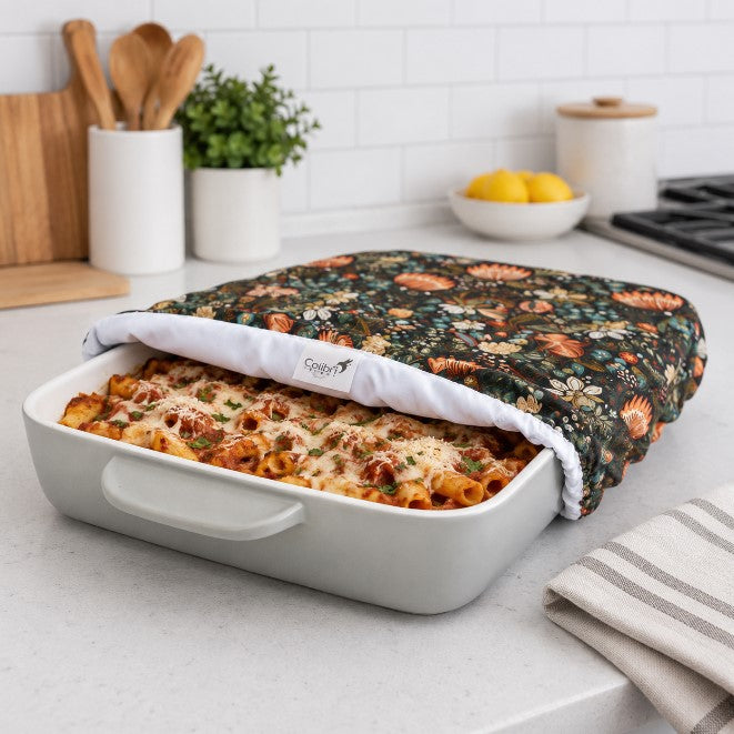 Colibri Penny Lane reusable casserole cover on 9x13 baking dish with pasta