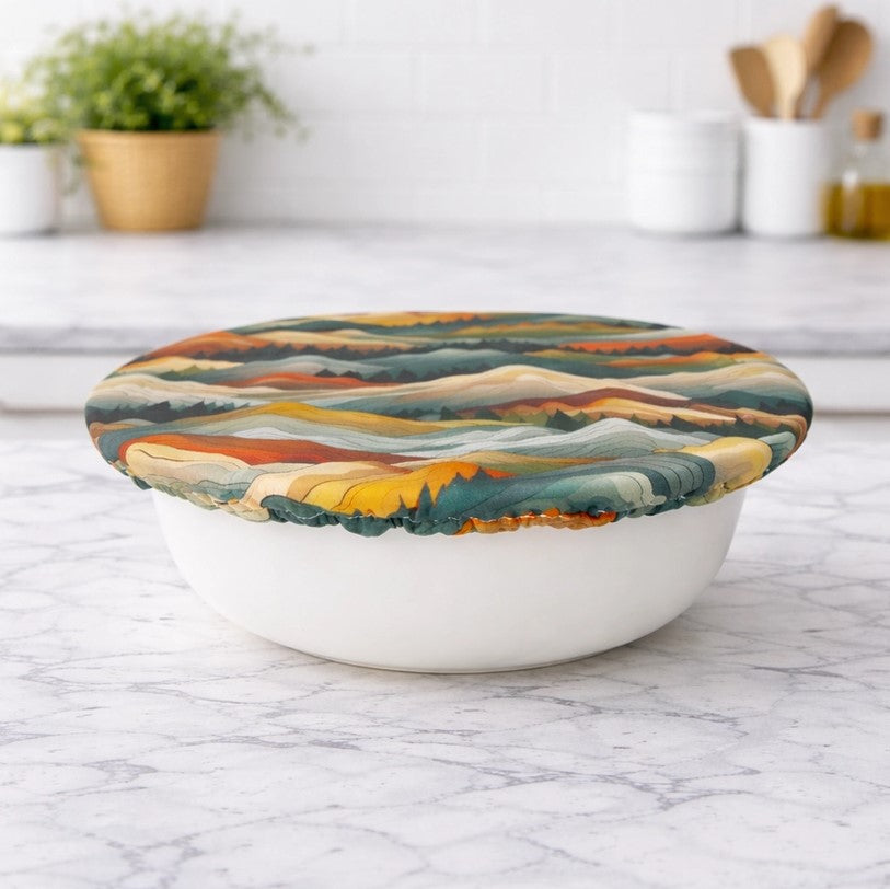 Extra large reusable fabric bowl cover in Mountains pattern on bowl