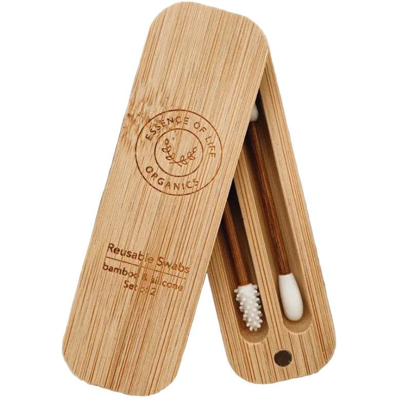 Reusable silicone and bamboo makeup swabs from Essence of Life Organics, eco-friendly, easy-to-clean, set of 2 reusable