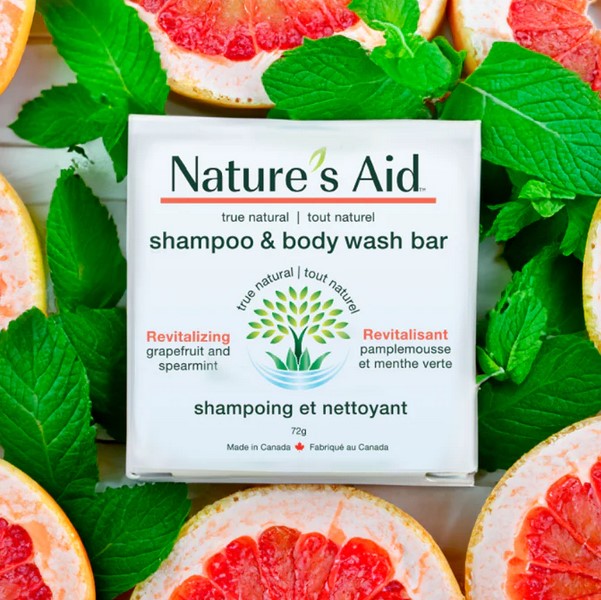 Nature's Aid 2-in-1 shampoo and body wash bar with revitalizing grapefruit and spearmint scent, natural ingredients, and
