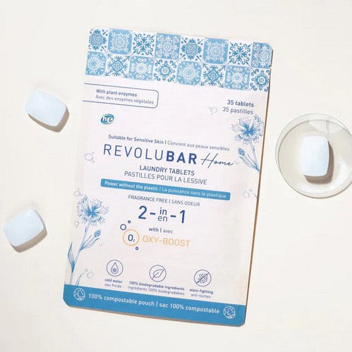 Tanit Botanics Revolubar laundry detergent tablets in eco-friendly, Canadian-made packaging, compact size for customized