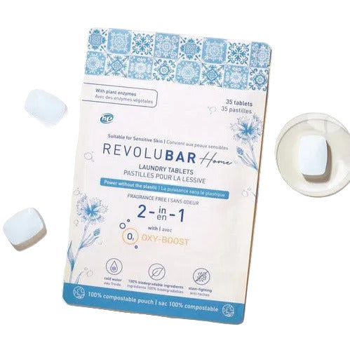 Tanit Botanics Revolubar laundry detergent tablets in eco-friendly, Canadian-made packaging, compact size for customized
