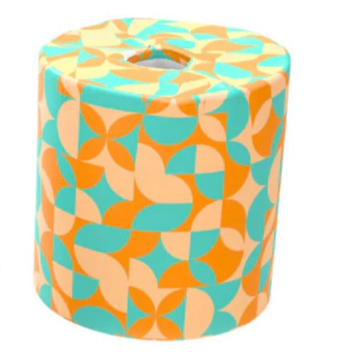 Close-up of the colorful wrap featuring vibrant, smooth bamboo toilet paper rolls with printed geometric patterns and