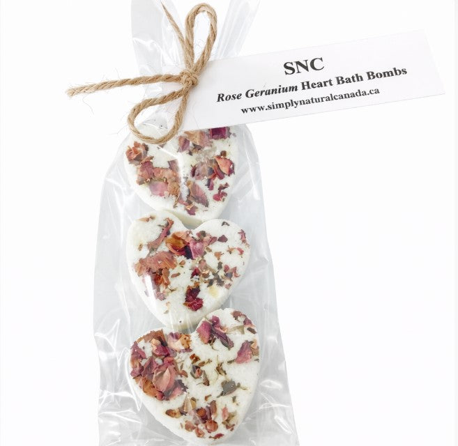 Simply Natural Canada rose geranium mini heart bath bombs with dried botanicals set of 3 in clear compostable gift packaging