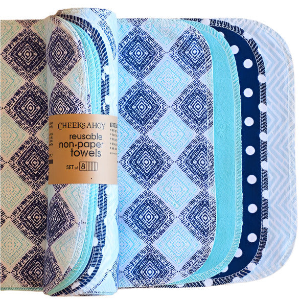 Cheeks Ahoy Seaside reusable non-paper towels with blue and white striped fabric, soft texture, 10x10 inches, eco-friendly