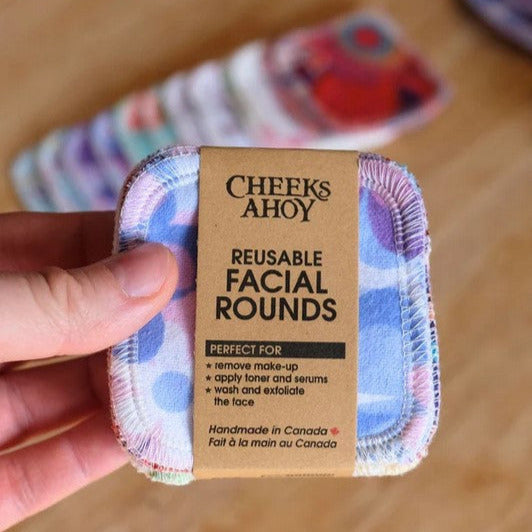 Cheeks Ahoy Floral Facial Rounds set of 10, 100% cotton, colorful daisy pattern, 3-inch diameter, soft and absorbent for