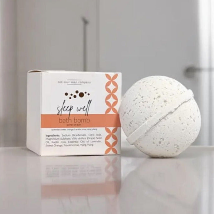 Old Soul Soap Company Sleep Well Bath Bomb, lavender-colored spherical bath bomb with textured surface, 3 oz, made in Canada