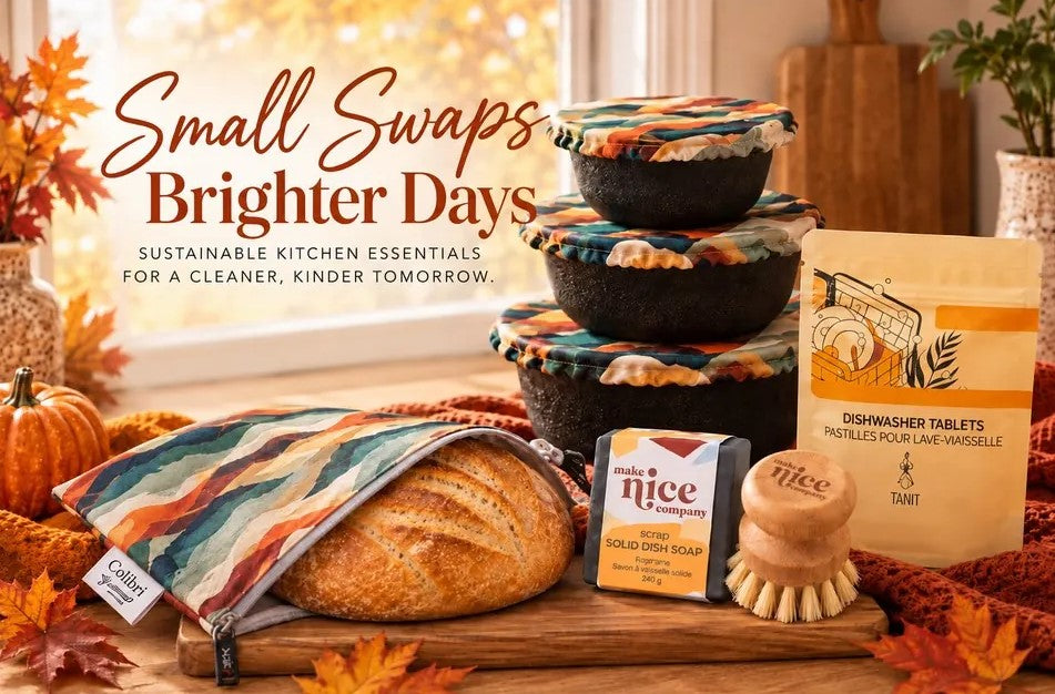 Sustainable kitchen essentials for fall including reusable bowl covers, bread bag, solid dish soap, scrub brush and dishwasher tablets.