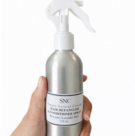 Simply Natural Canada rosemary lavender mint hair detangler and conditioner spray in reusable aluminum bottle on a white background