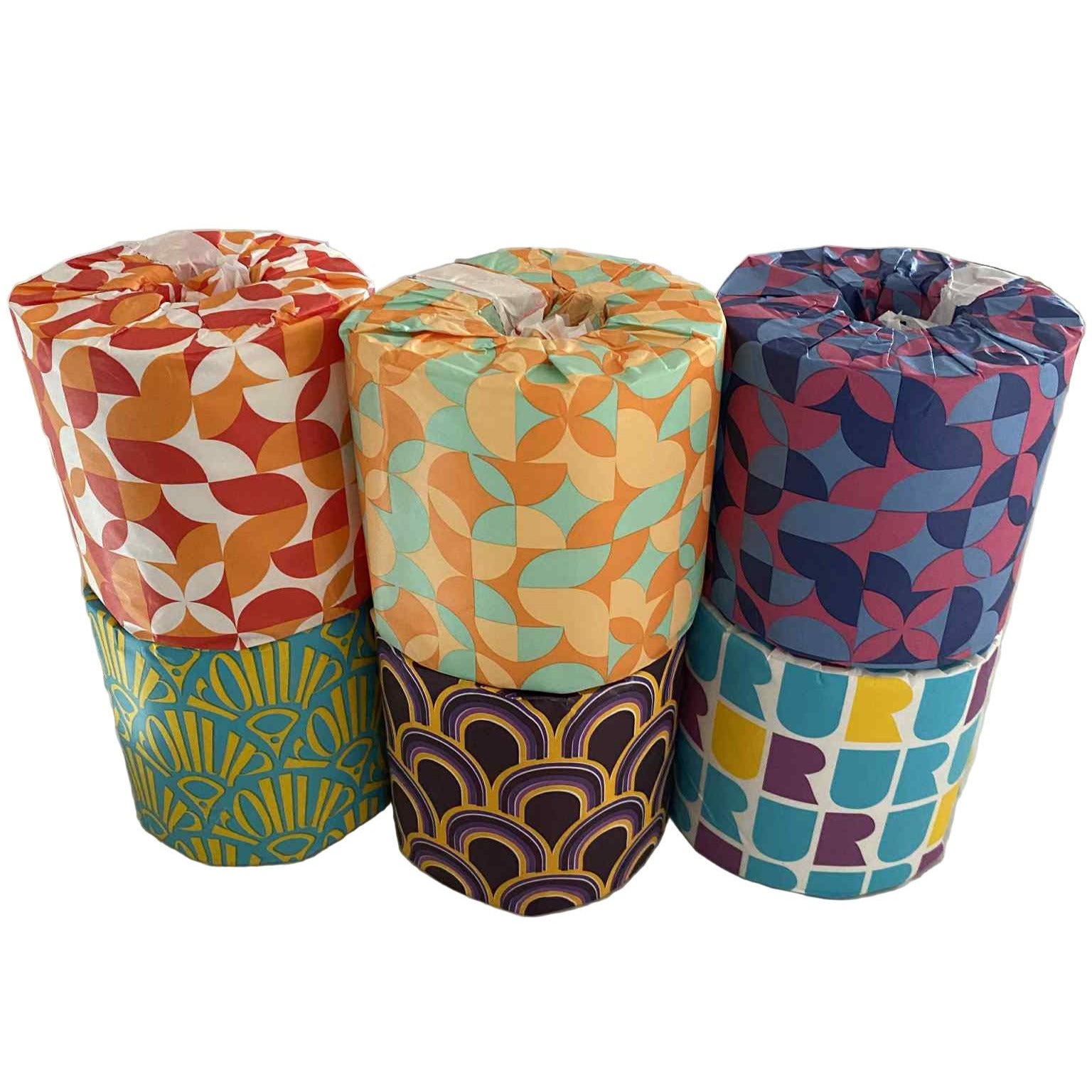 Roll Up Bamboo Toilet Paper with colorful wrap in biodegradable packaging, 3-roll pack, soft textured bamboo material, zero